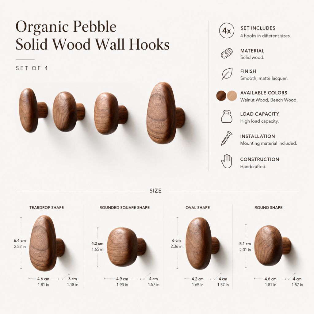 Organic Pebble Solid Wood Wall Hooks – Set of 4 - Tegulane Global
