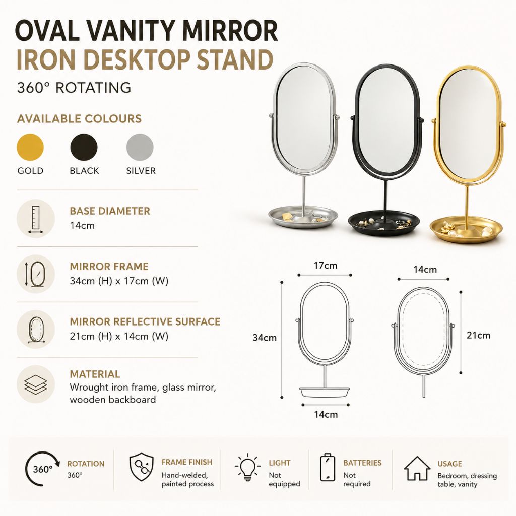 Oval Vanity Mirror Iron Desktop Stand 360° Rotating - Tegulane Global