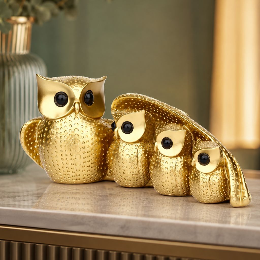 Owl Family Resin Figurine in Gold or Silver Finish - Tegulane Global