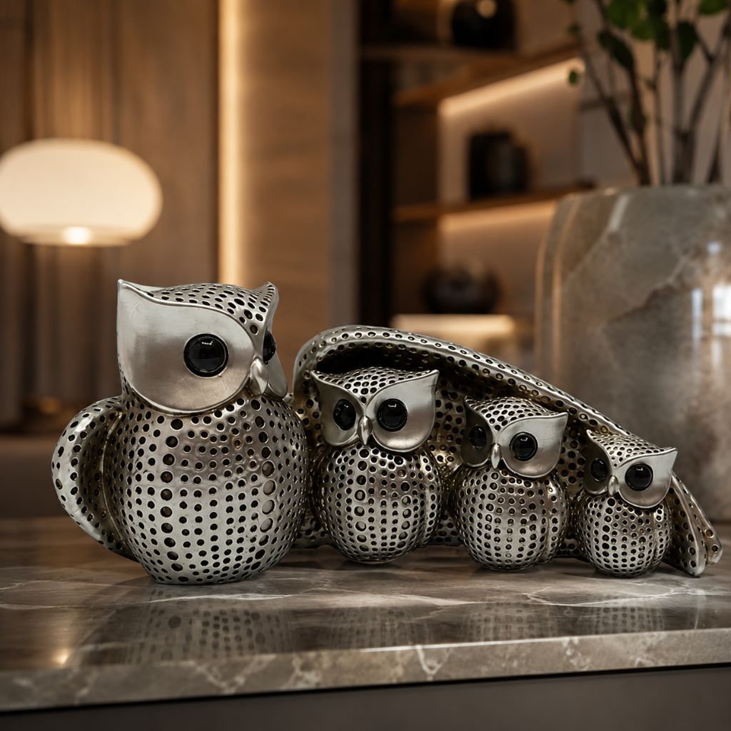 Owl Family Resin Figurine in Gold or Silver Finish - Tegulane Global