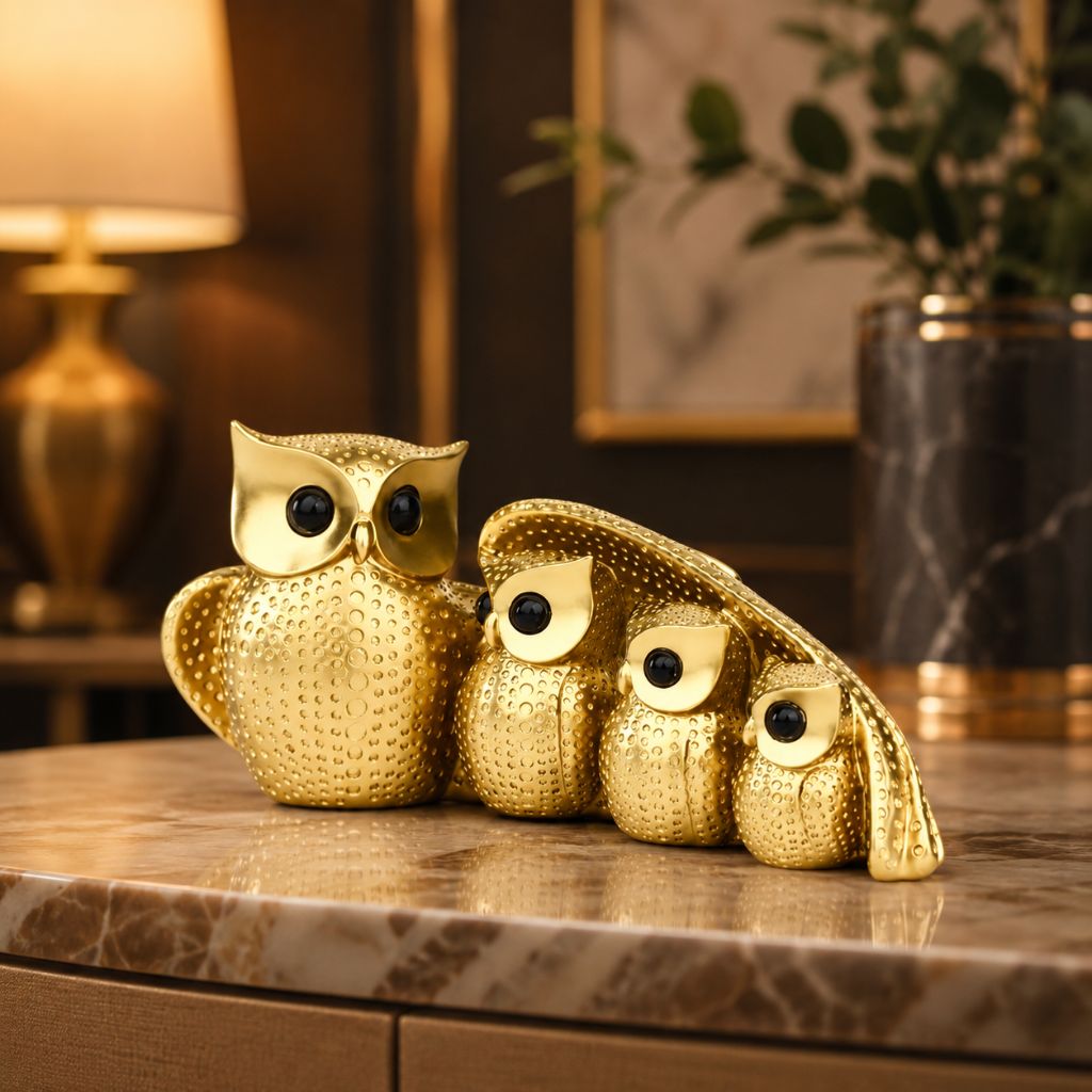 Owl Family Resin Figurine in Gold or Silver Finish - Tegulane Global
