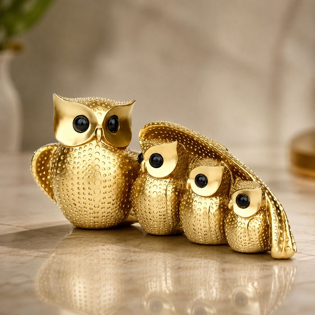 Owl Family Resin Figurine in Gold or Silver Finish - Tegulane Global