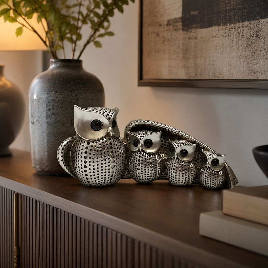 Owl Family Resin Figurine in Gold or Silver Finish - Tegulane Global