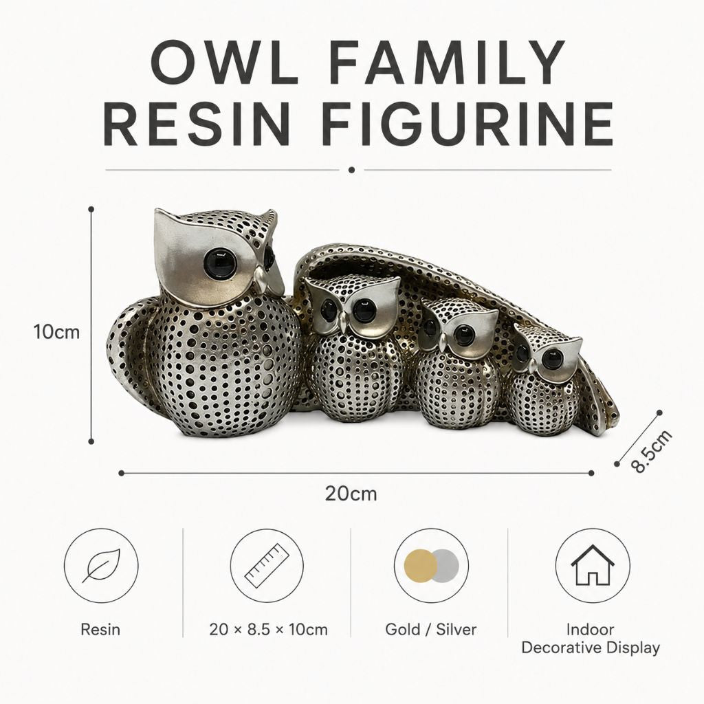 Owl Family Resin Figurine in Gold or Silver Finish - Tegulane Global
