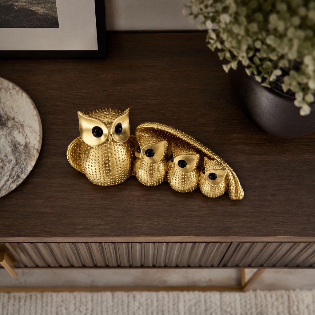 Owl Family Resin Figurine in Gold or Silver Finish - Tegulane Global