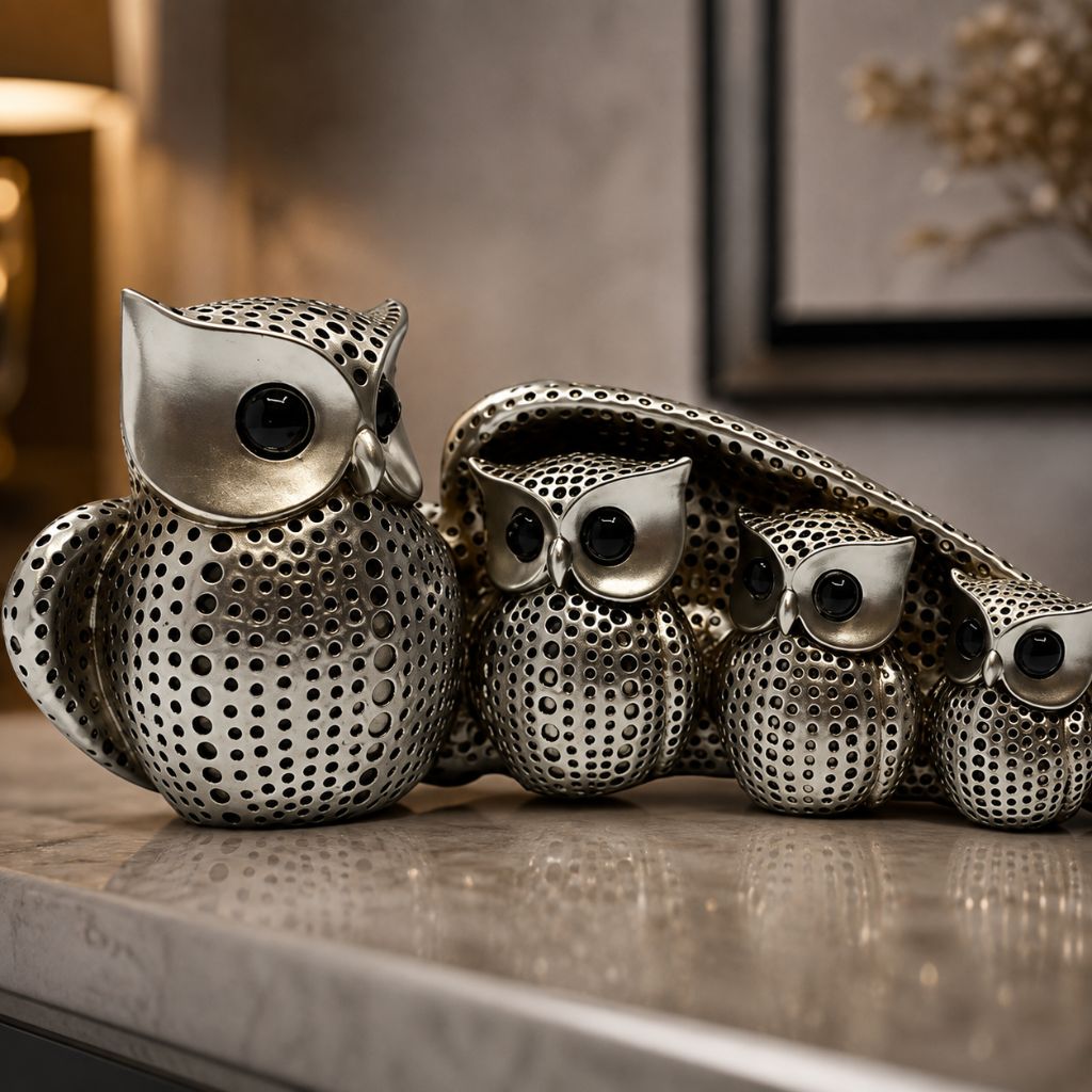 Owl Family Resin Figurine in Gold or Silver Finish - Tegulane Global