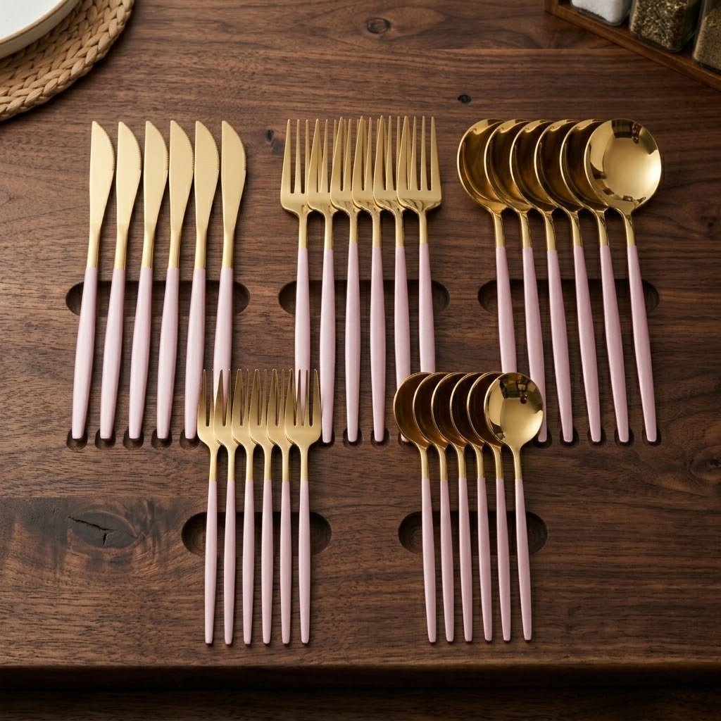 Pink & Gold Stainless Steel Cutlery Set – 30 Piece - Tegulane Global