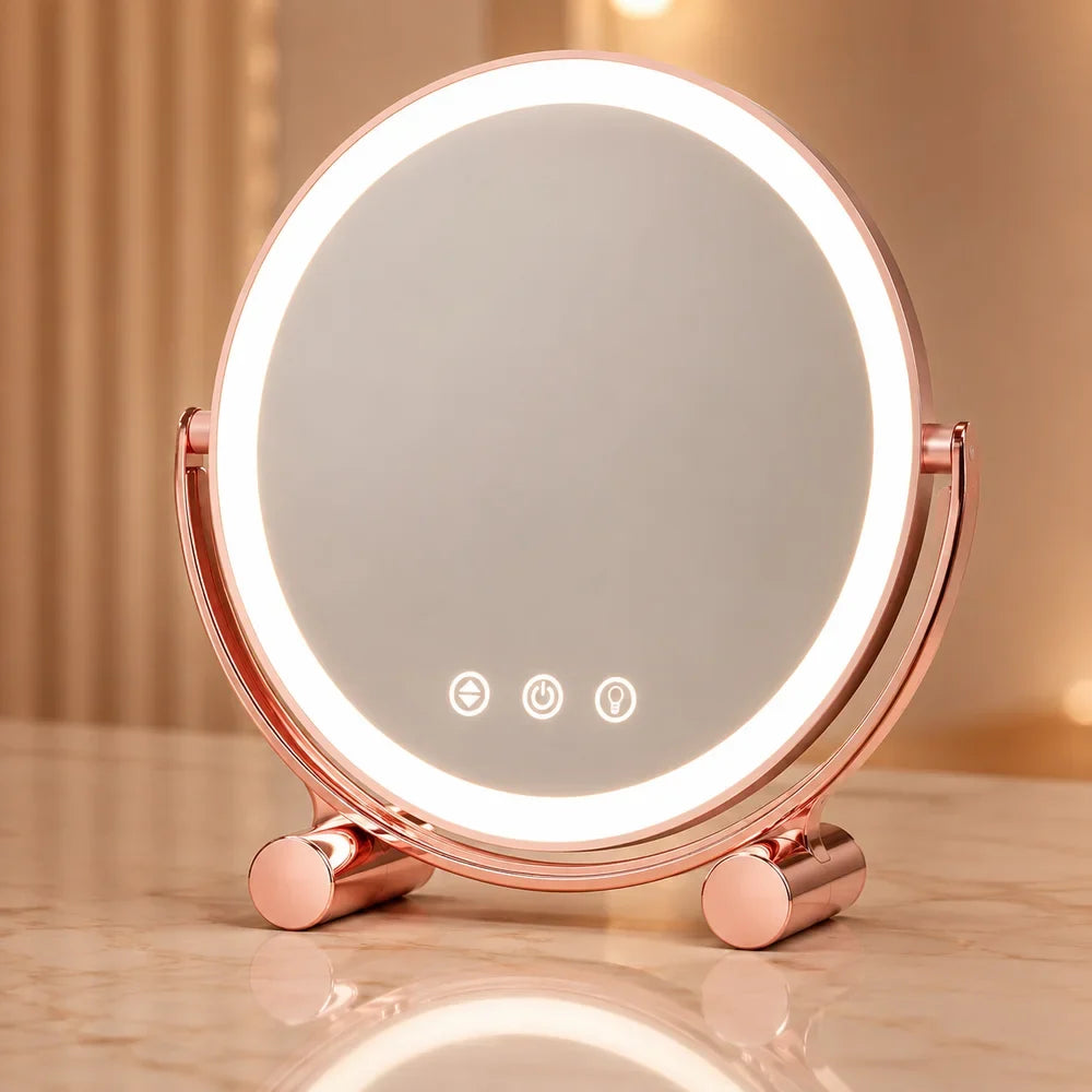 Pink Tabletop LED Makeup Mirror Rechargeable Touch Control - Tegulane Global
