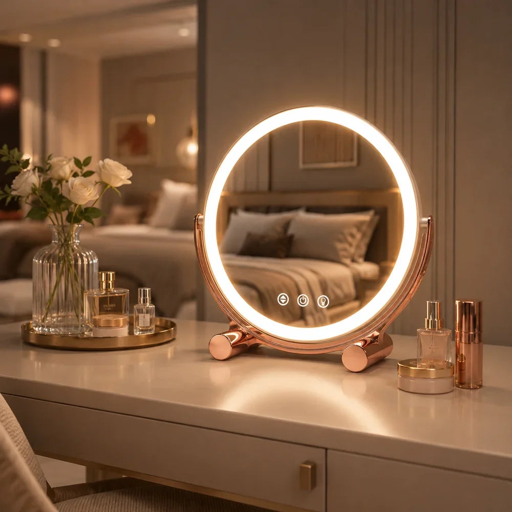 Pink Tabletop LED Makeup Mirror Rechargeable Touch Control - Tegulane Global