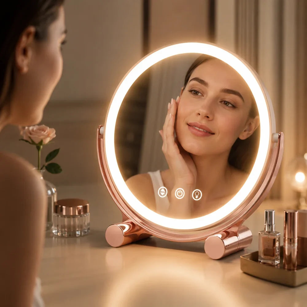 Pink Tabletop LED Makeup Mirror Rechargeable Touch Control - Tegulane Global