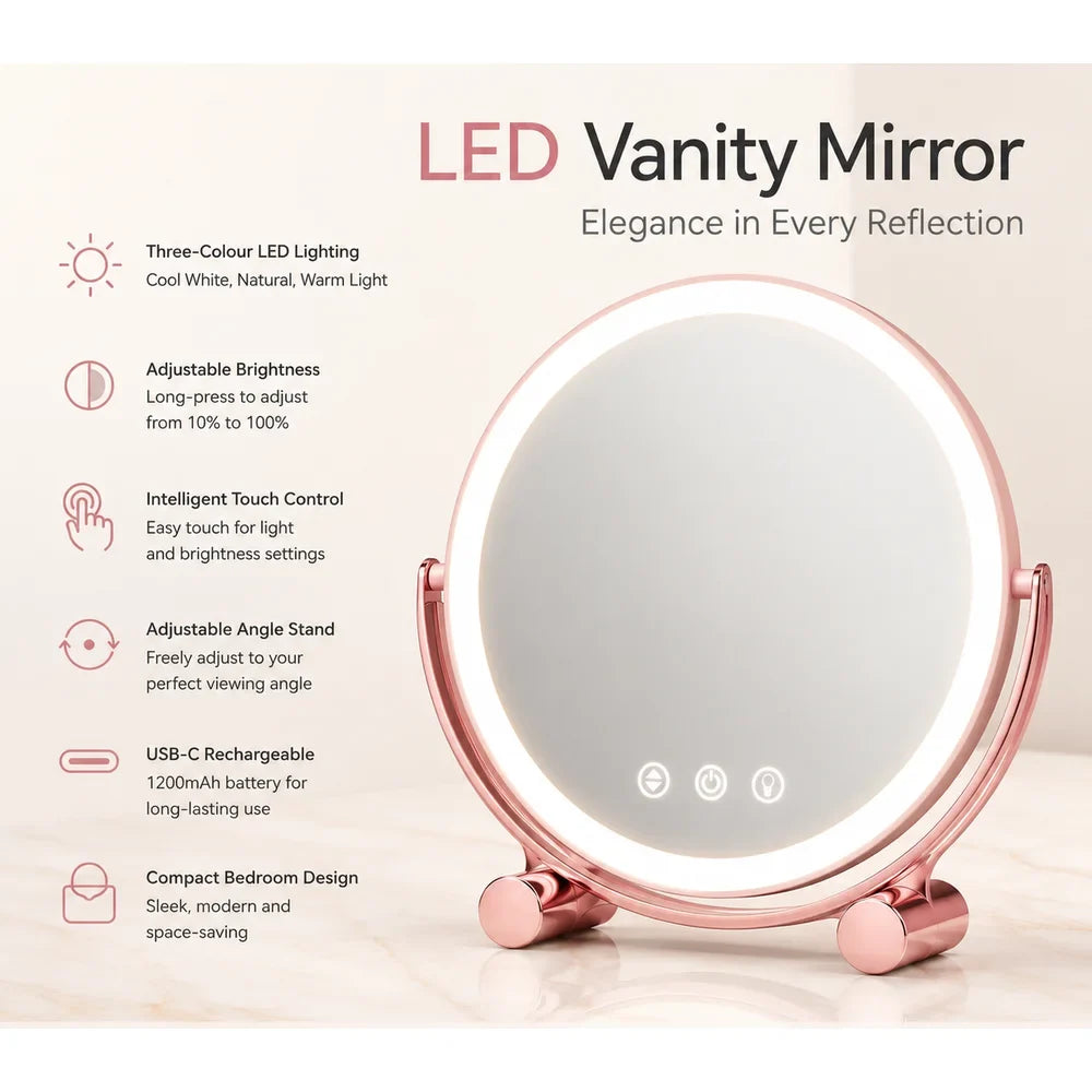 Pink Tabletop LED Makeup Mirror Rechargeable Touch Control - Tegulane Global