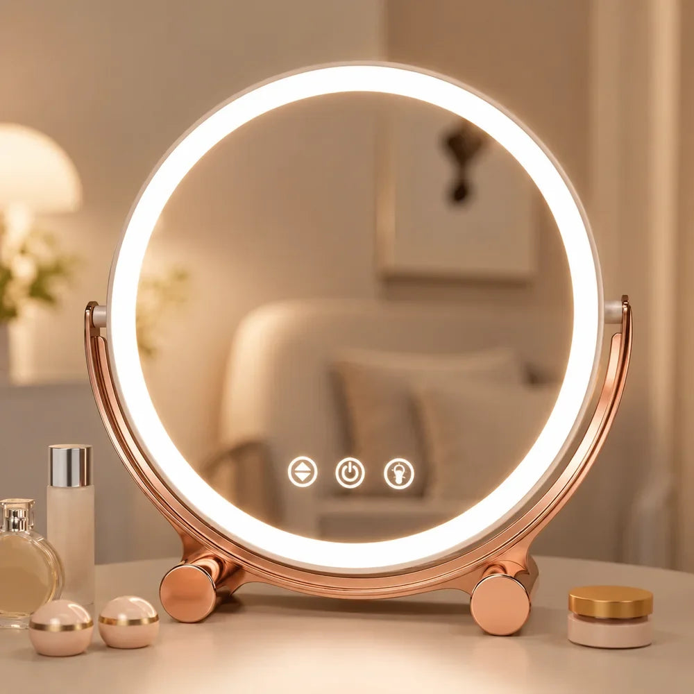 Pink Tabletop LED Makeup Mirror Rechargeable Touch Control - Tegulane Global