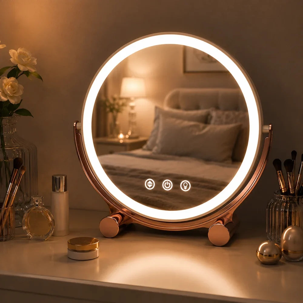 Pink Tabletop LED Makeup Mirror Rechargeable Touch Control - Tegulane Global