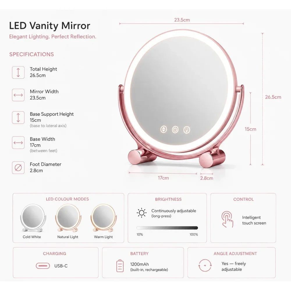Pink Tabletop LED Makeup Mirror Rechargeable Touch Control - Tegulane Global