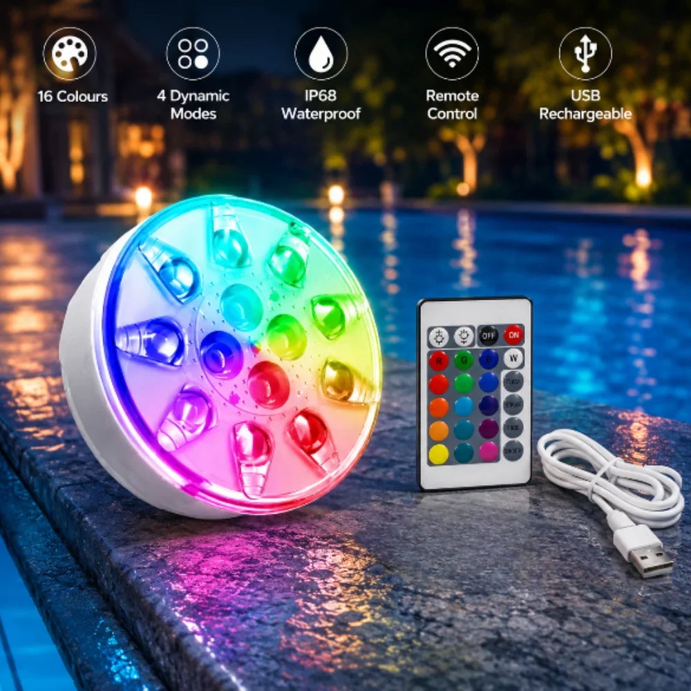 Rechargeable Pool Lights IP68 Waterproof Submersible LED with Remote - Tegulane Global