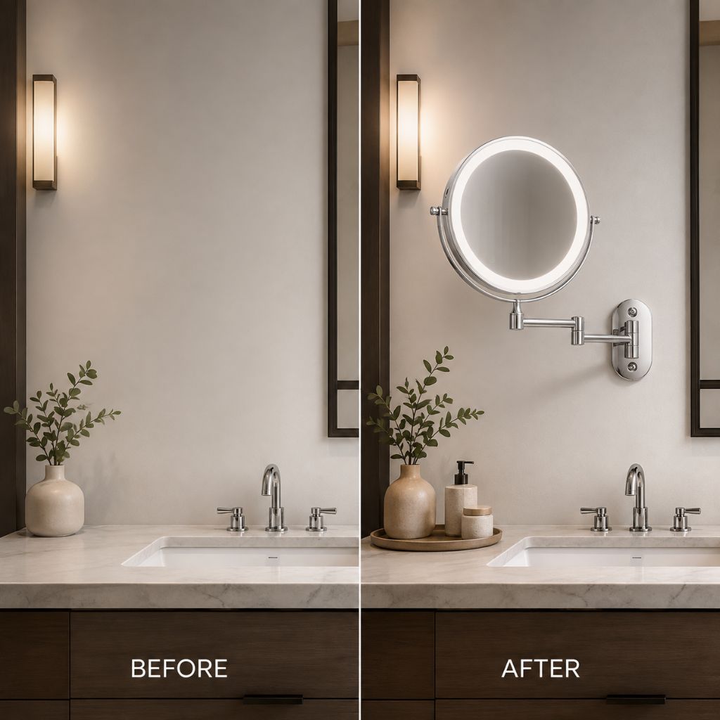 Rechargeable Silver LED Mirror – Adjustable Lighting & Magnification - Tegulane Global