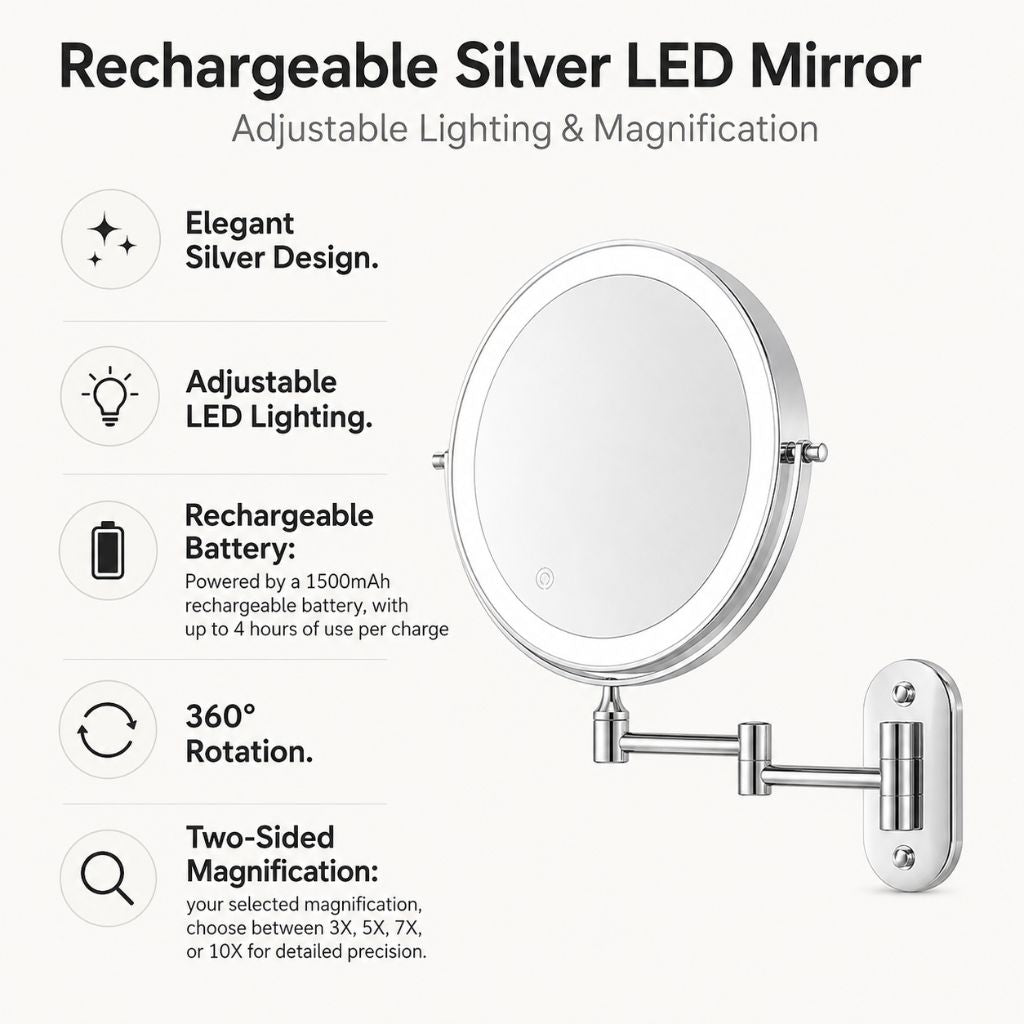 Rechargeable Silver LED Mirror – Adjustable Lighting & Magnification - Tegulane Global