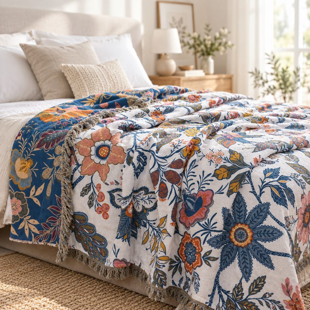 Reversible Floral Cotton Jacquard Throw Blanket