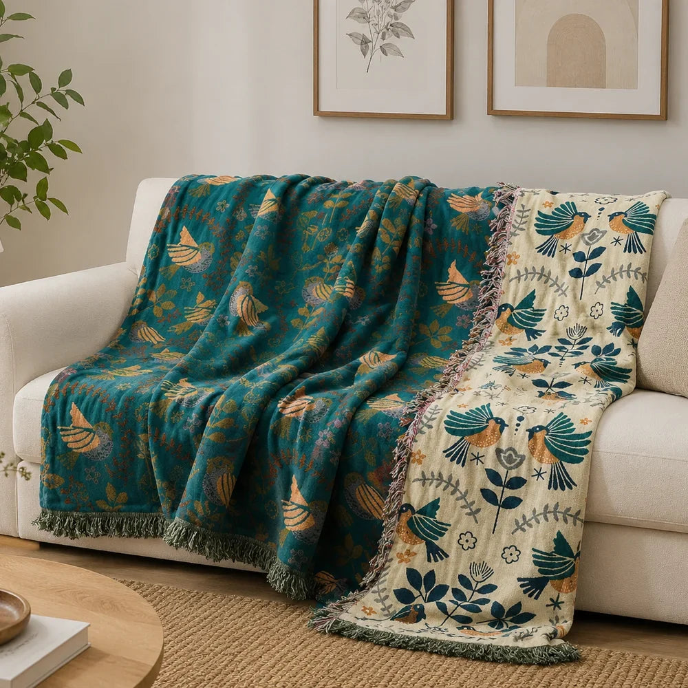Reversible Nordic Bird Cotton Throw Blanket | Fringed Edges - Tegulane Global