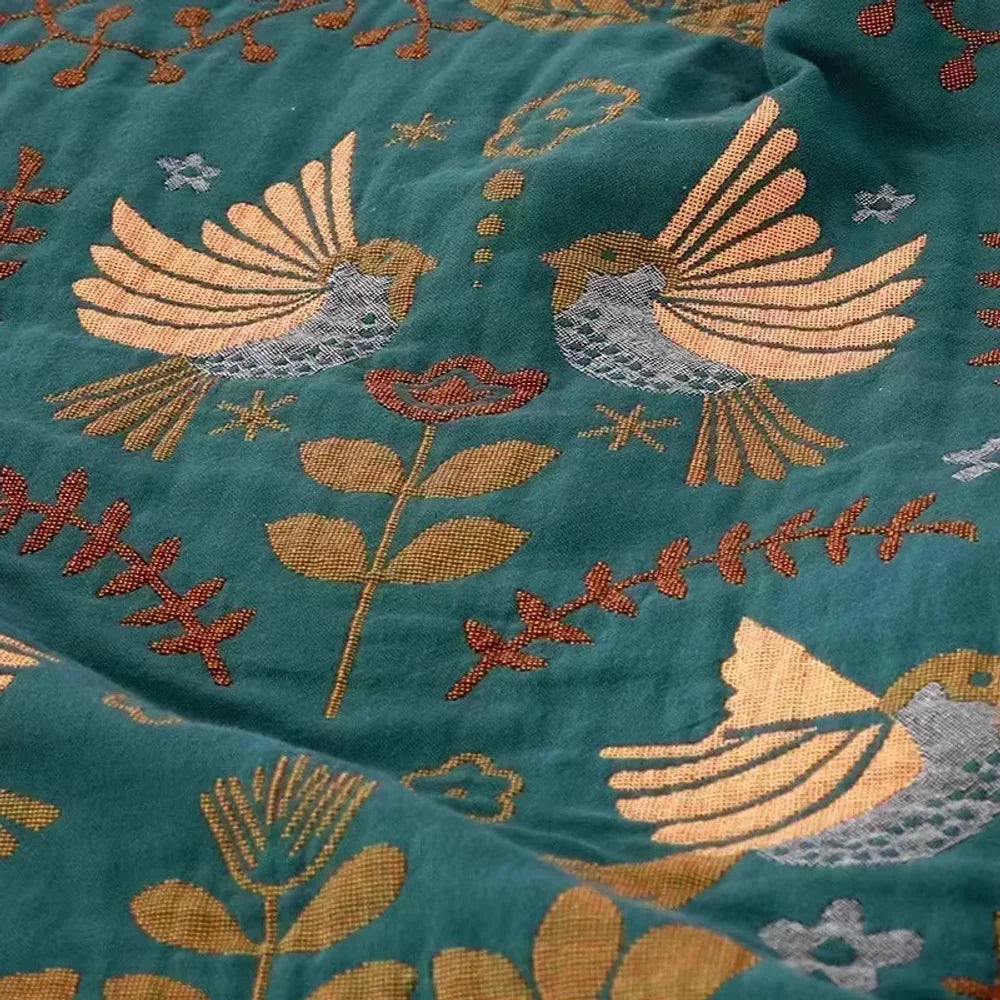 Reversible Nordic Bird Cotton Throw Blanket | Fringed Edges - Tegulane Global
