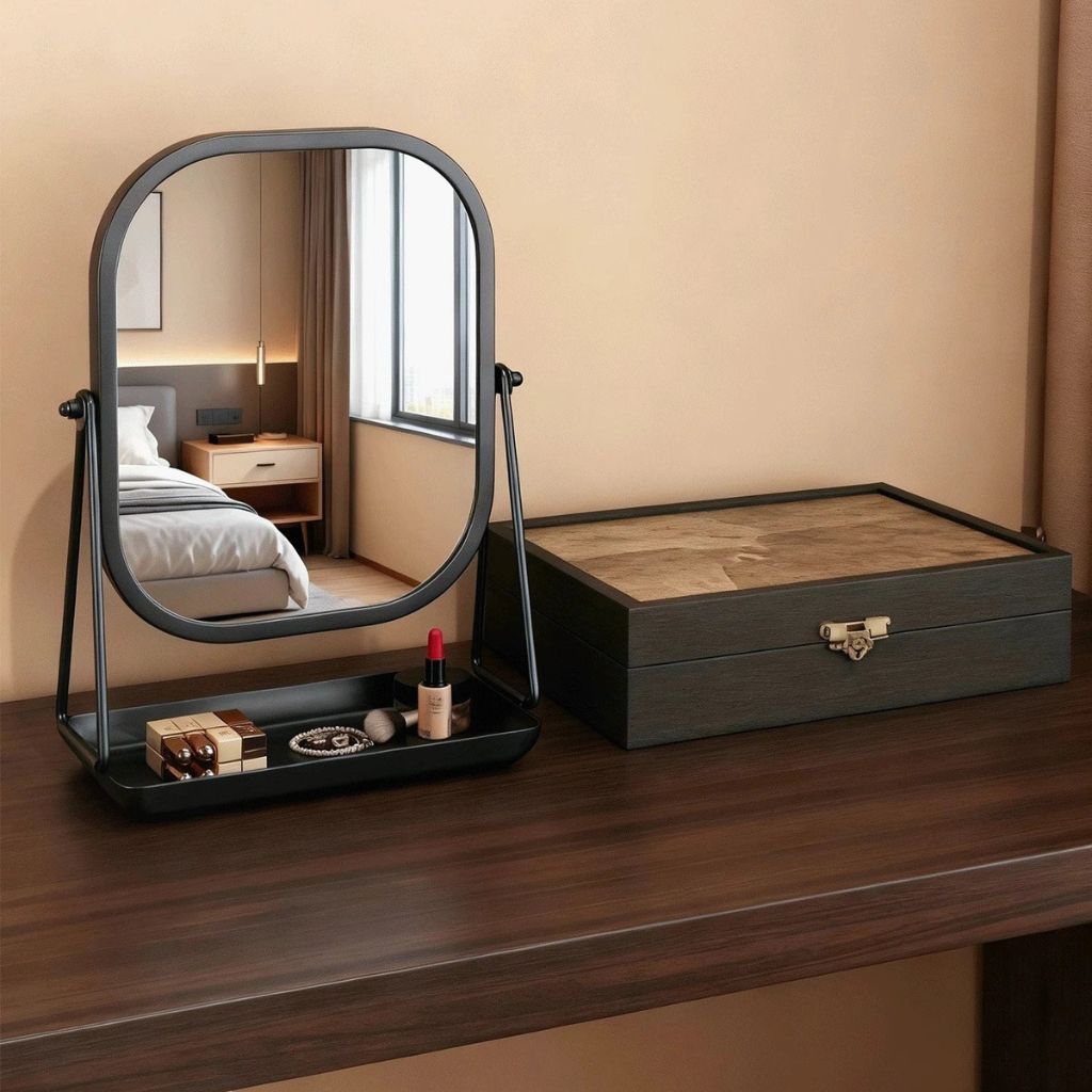 Rotating Desktop Makeup Mirror Wrought Iron Frame Storage Tray Base - Tegulane Global