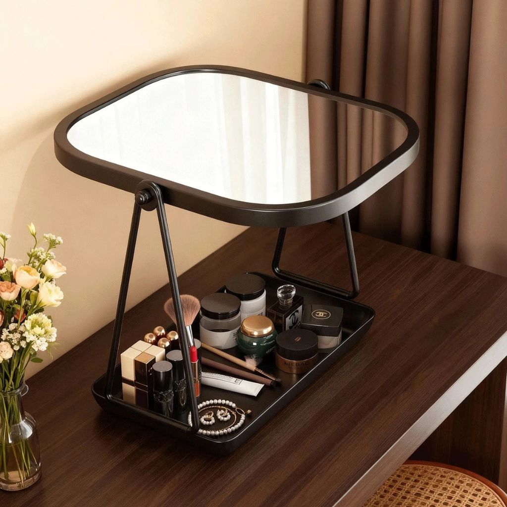 Rotating Desktop Makeup Mirror Wrought Iron Frame Storage Tray Base - Tegulane Global