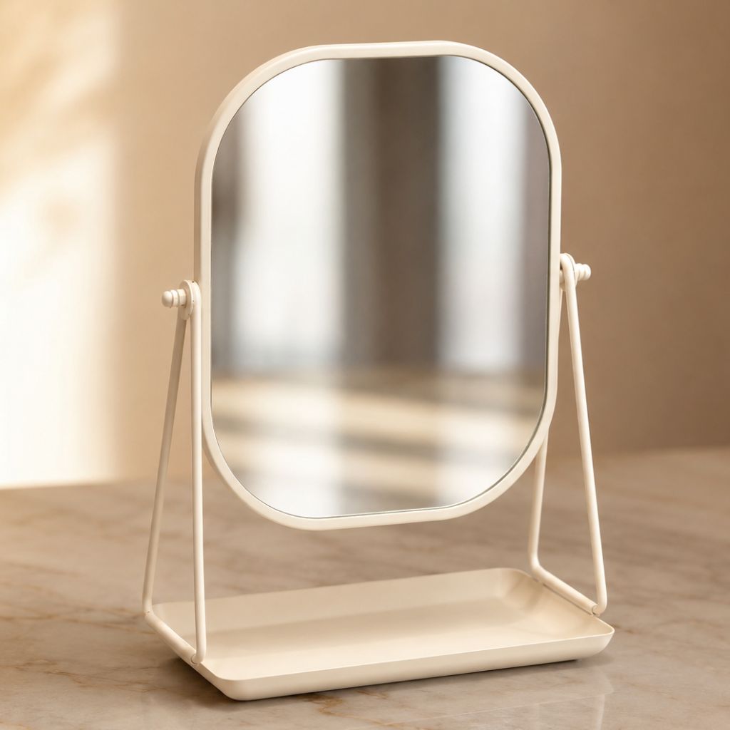 Rotating Desktop Makeup Mirror Wrought Iron Frame Storage Tray Base - Tegulane Global