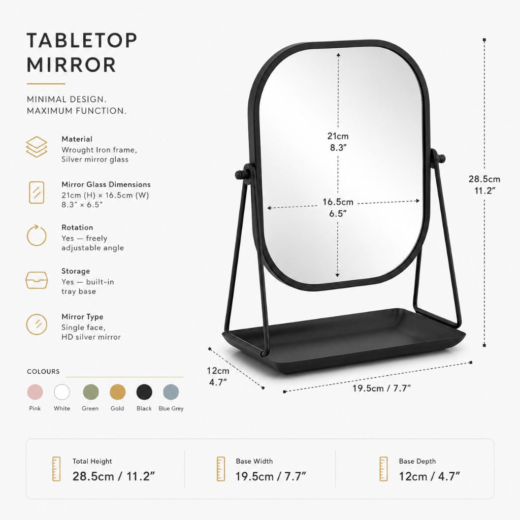 Rotating Desktop Makeup Mirror Wrought Iron Frame Storage Tray Base - Tegulane Global