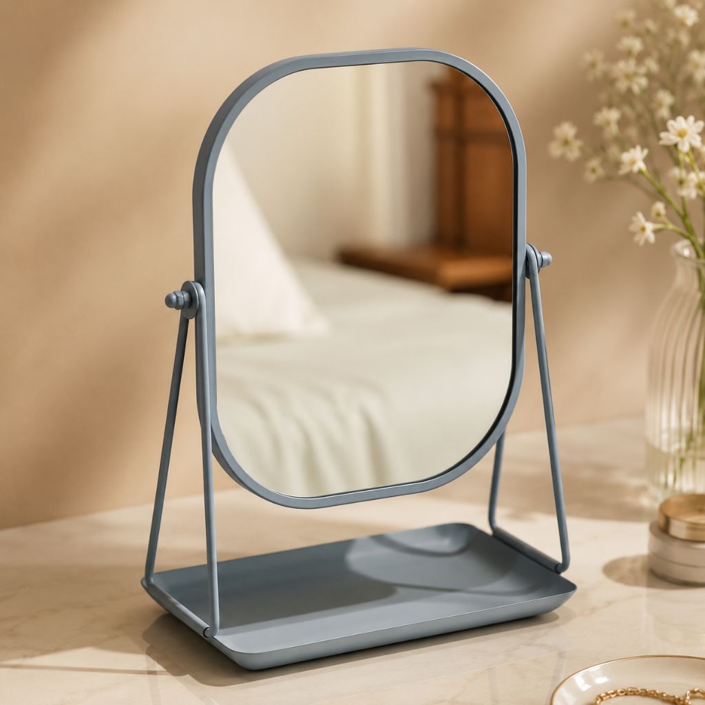 Rotating Desktop Makeup Mirror Wrought Iron Frame Storage Tray Base - Tegulane Global