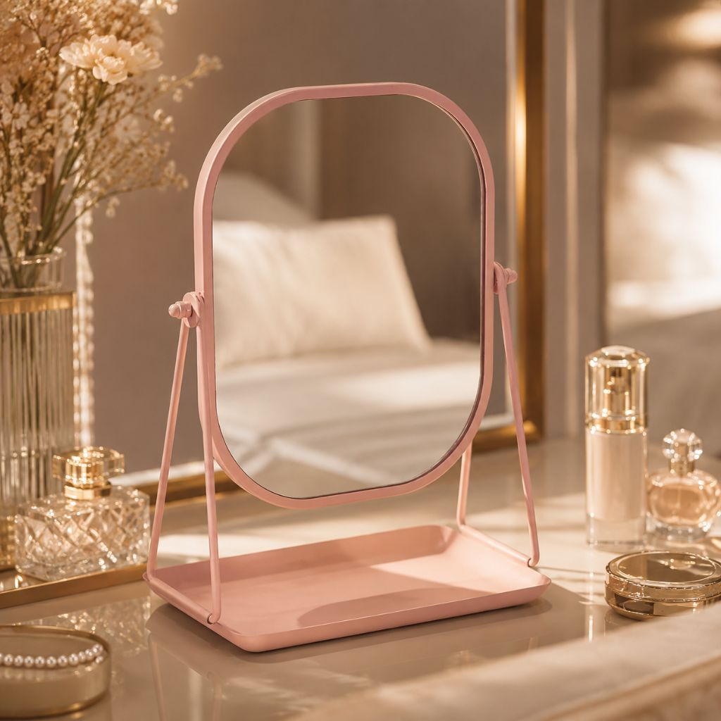 Rotating Desktop Makeup Mirror Wrought Iron Frame Storage Tray Base - Tegulane Global