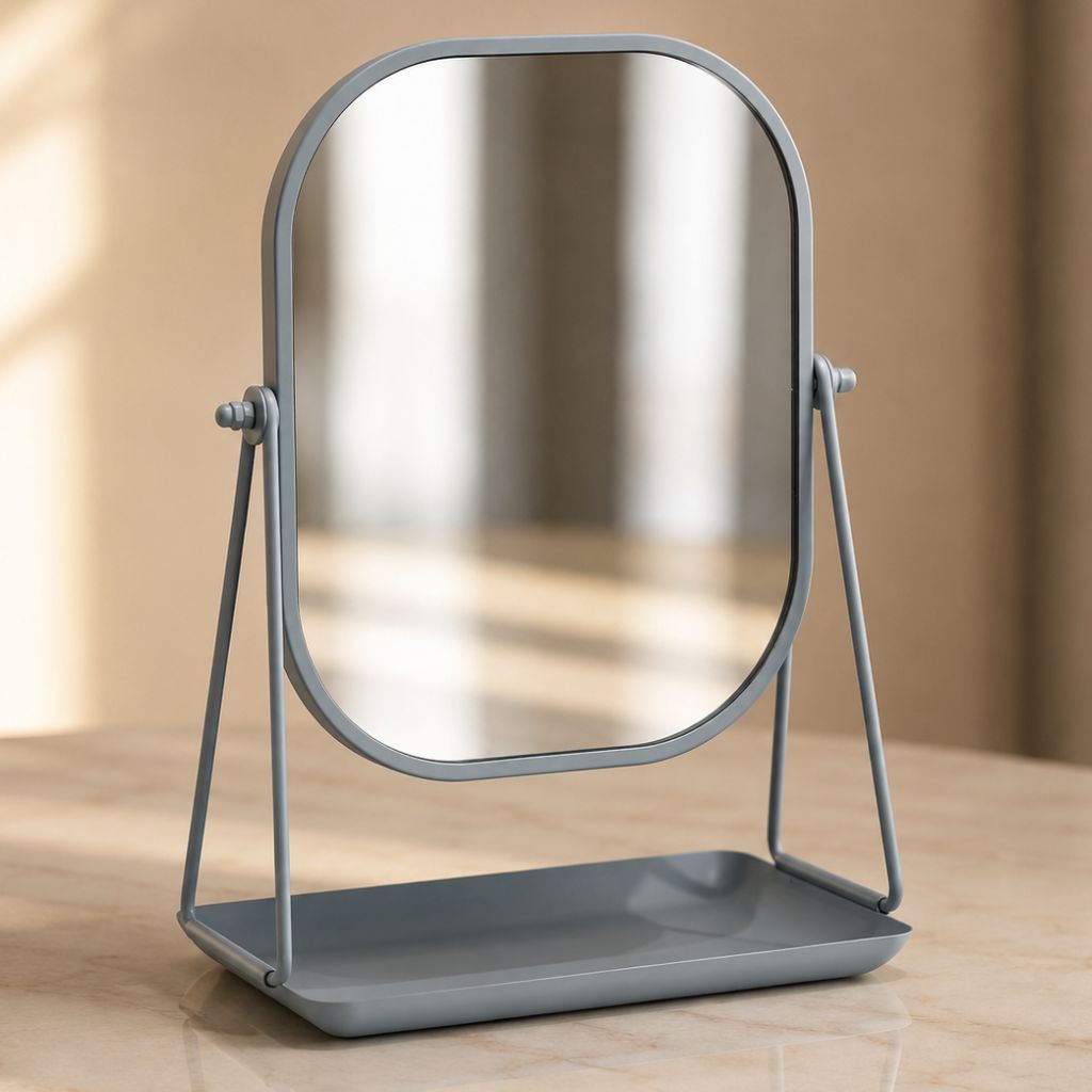 Rotating Desktop Makeup Mirror Wrought Iron Frame Storage Tray Base - Tegulane Global