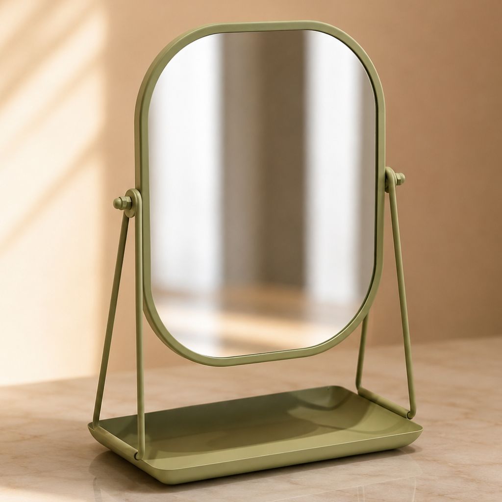 Rotating Desktop Makeup Mirror Wrought Iron Frame Storage Tray Base - Tegulane Global