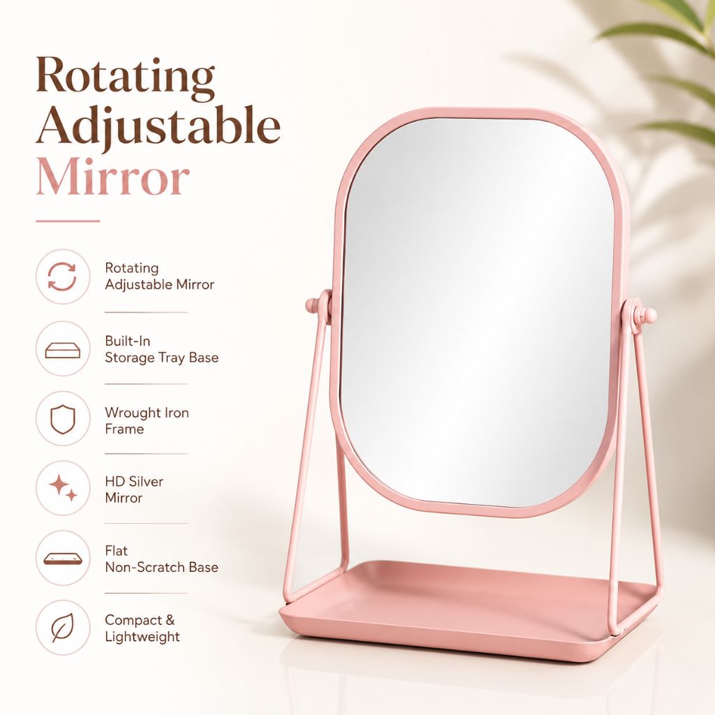 Rotating Desktop Makeup Mirror Wrought Iron Frame Storage Tray Base - Tegulane Global