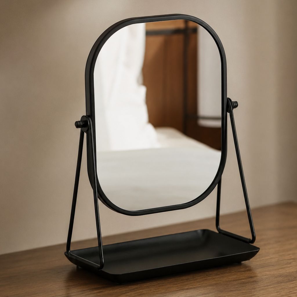 Rotating Desktop Makeup Mirror Wrought Iron Frame Storage Tray Base - Tegulane Global