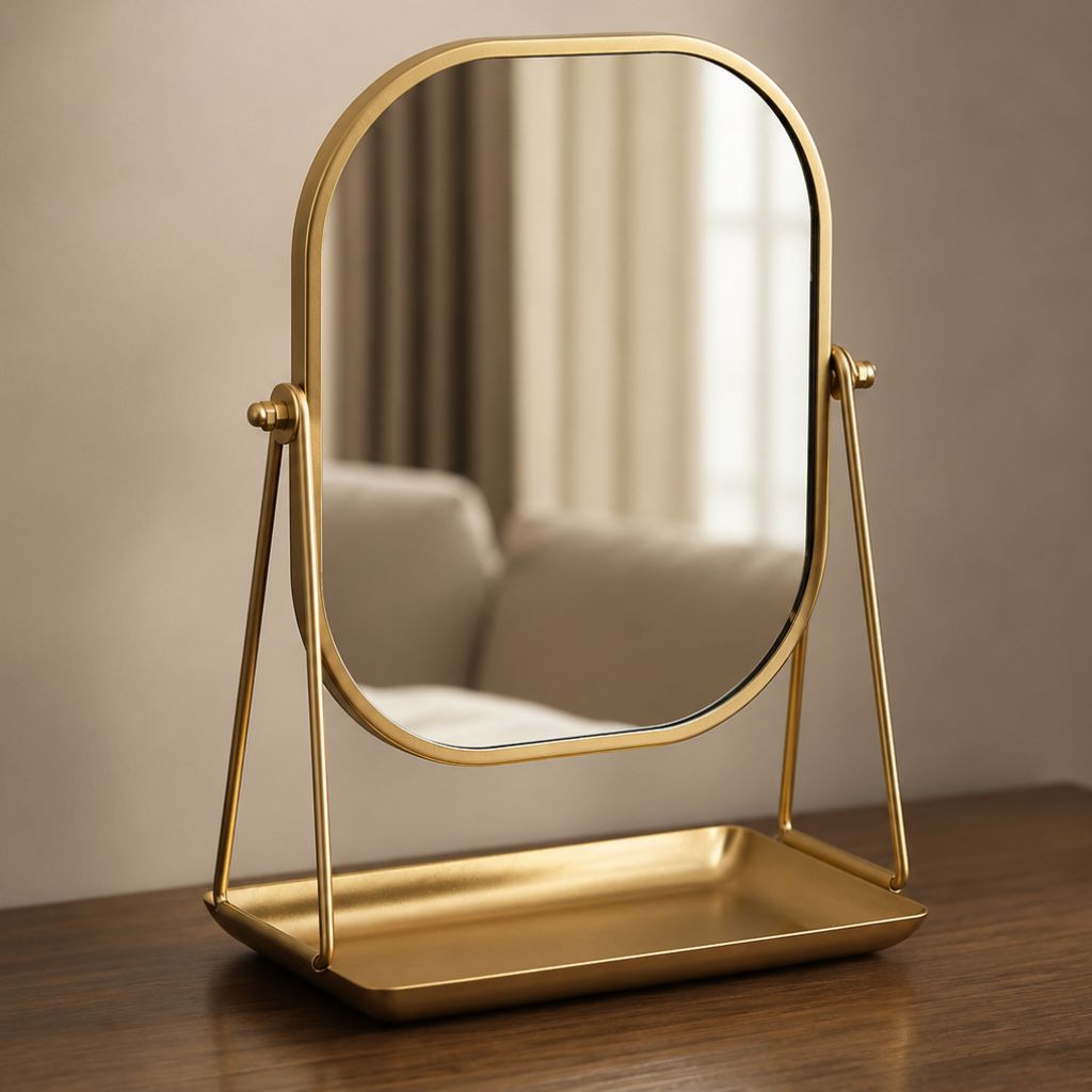 Rotating Desktop Makeup Mirror Wrought Iron Frame Storage Tray Base - Tegulane Global