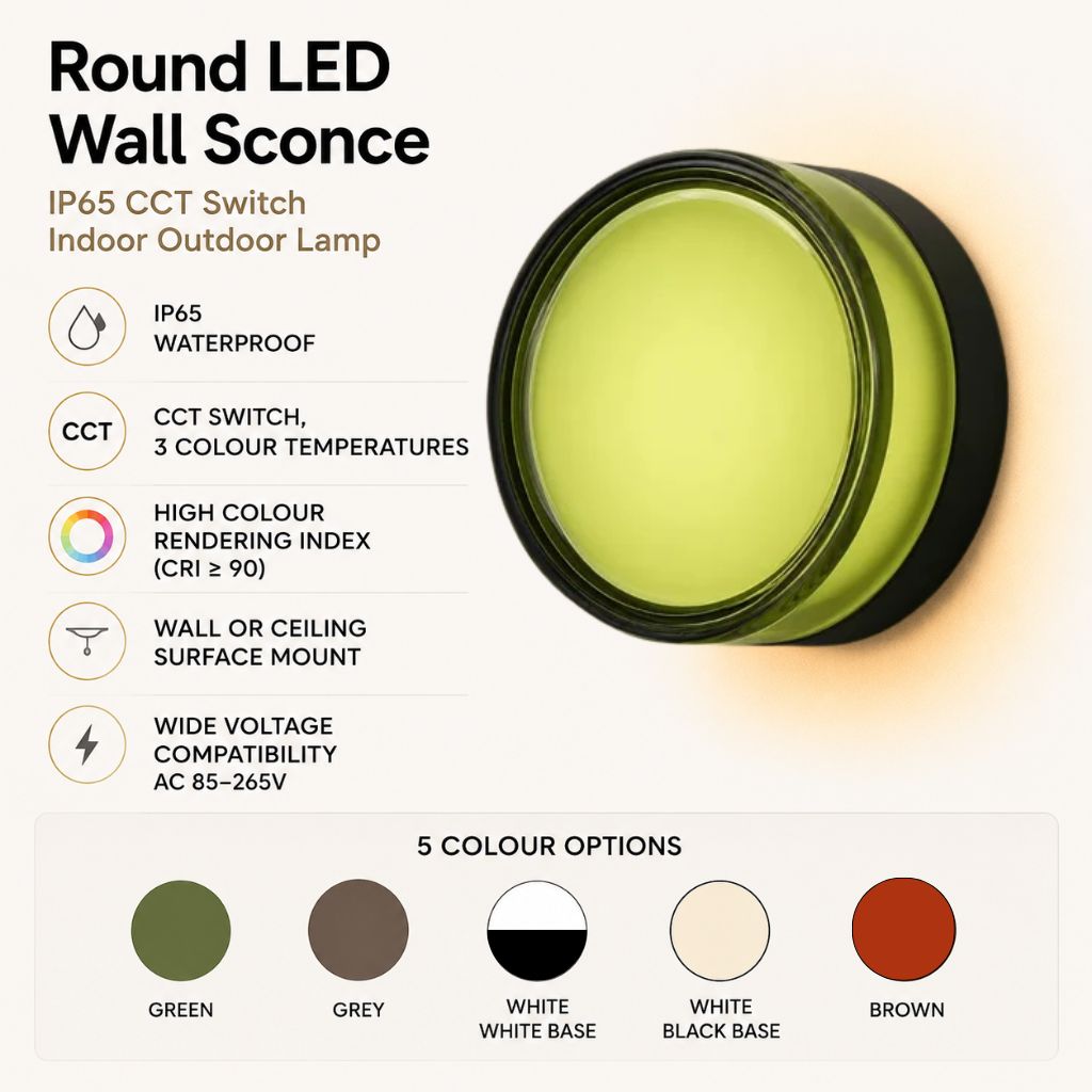 Round LED Wall Sconce IP65 CCT Switch Indoor Outdoor Lamp - Tegulane Global