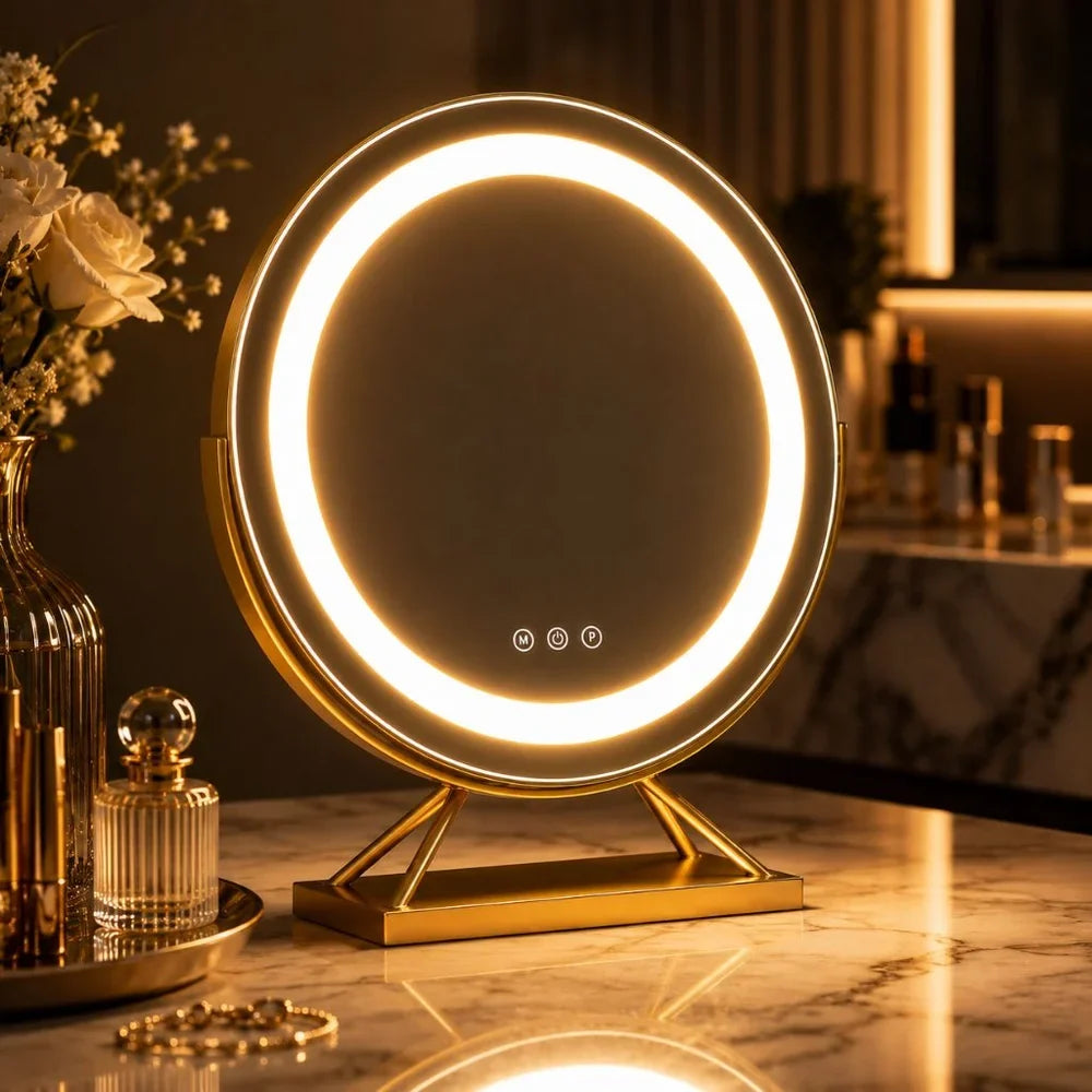Round Lighted Vanity Tabletop Makeup Mirror LED Dimmable 15x Magnifying - Tegulane Global