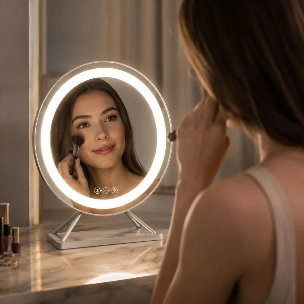 Round Lighted Vanity Tabletop Makeup Mirror LED Dimmable 15x Magnifying - Tegulane Global