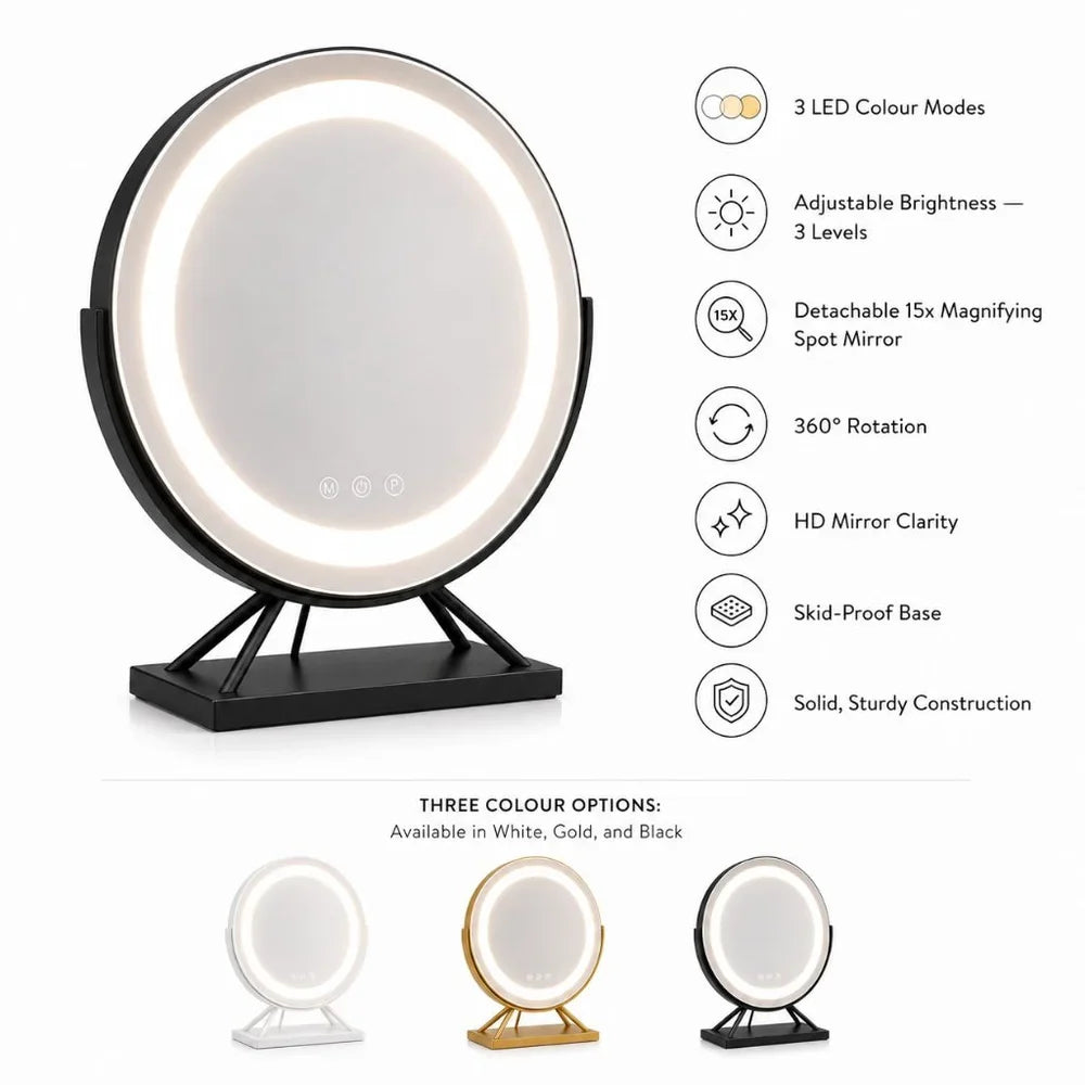 Round Lighted Vanity Tabletop Makeup Mirror LED Dimmable 15x Magnifying - Tegulane Global