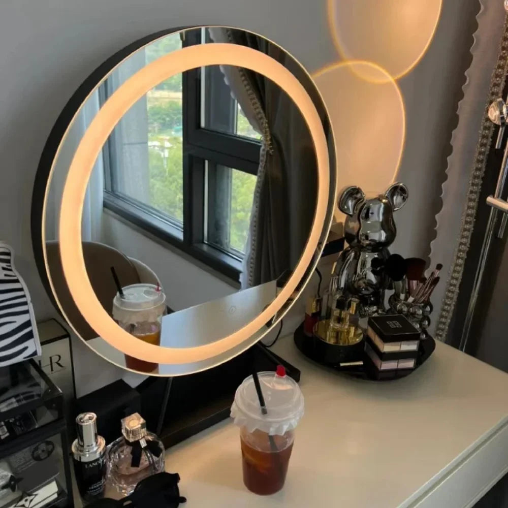 Round Lighted Vanity Tabletop Makeup Mirror LED Dimmable 15x Magnifying - Tegulane Global
