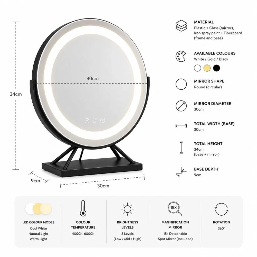 Round Lighted Vanity Tabletop Makeup Mirror LED Dimmable 15x Magnifying - Tegulane Global