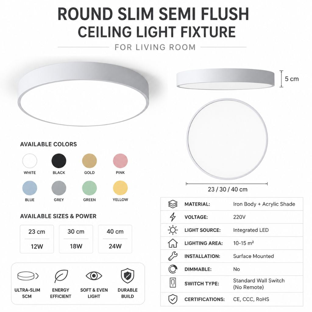 Round Slim Semi Flush Ceiling Light Fixture For Living Room - Tegulane Global