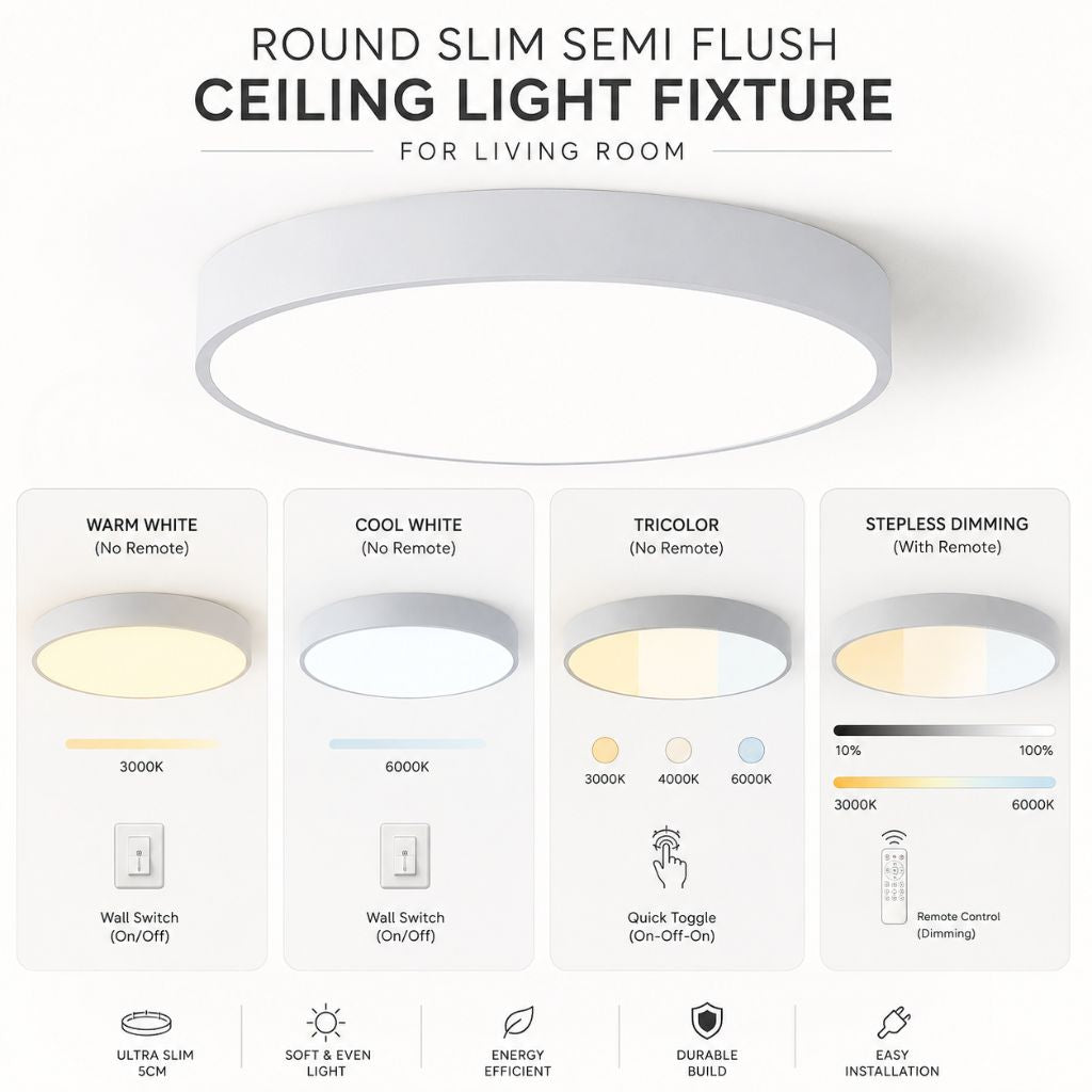 Round Slim Semi Flush Ceiling Light Fixture For Living Room - Tegulane Global