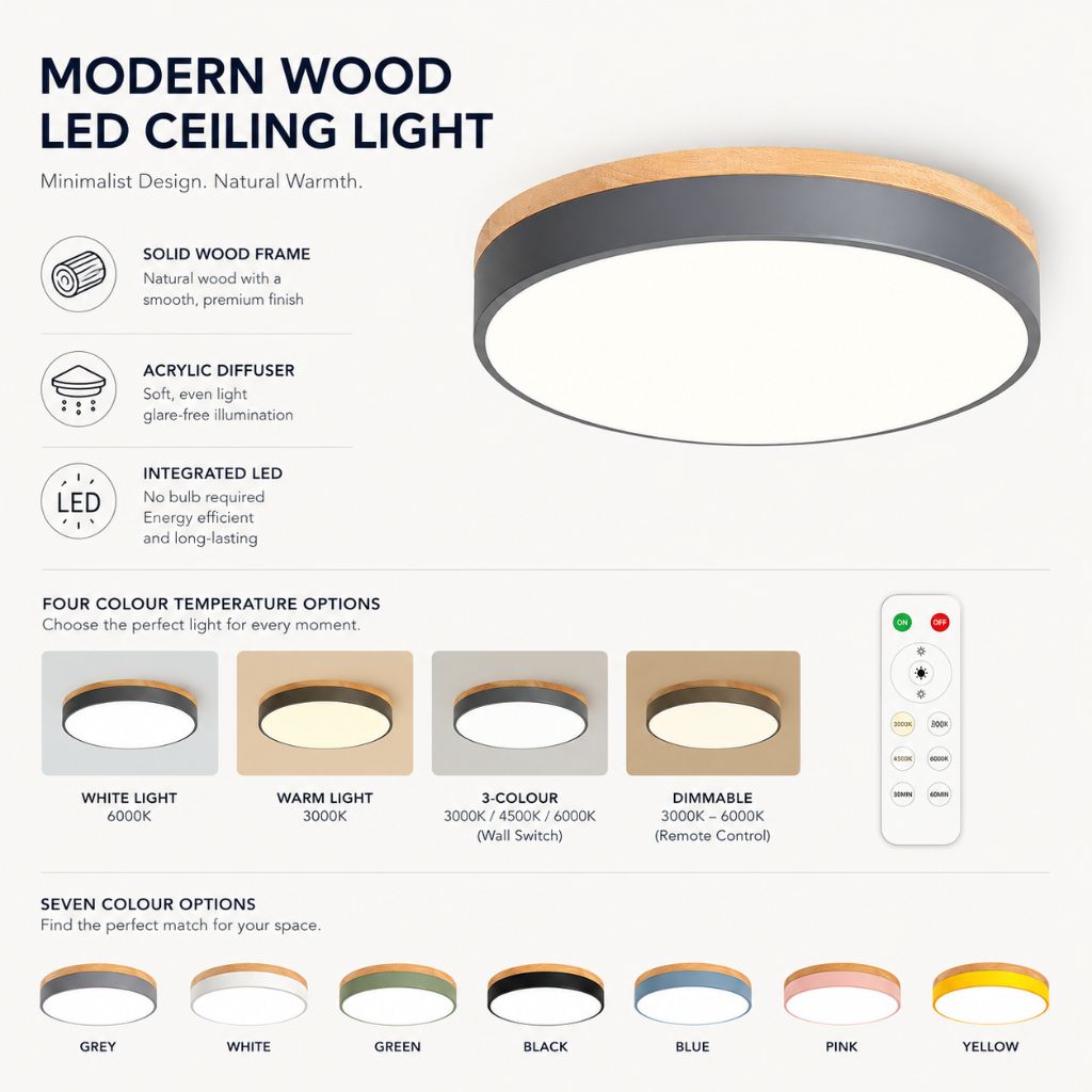 Round Wood Flush Mount Ceiling Light with LED - Tegulane Global