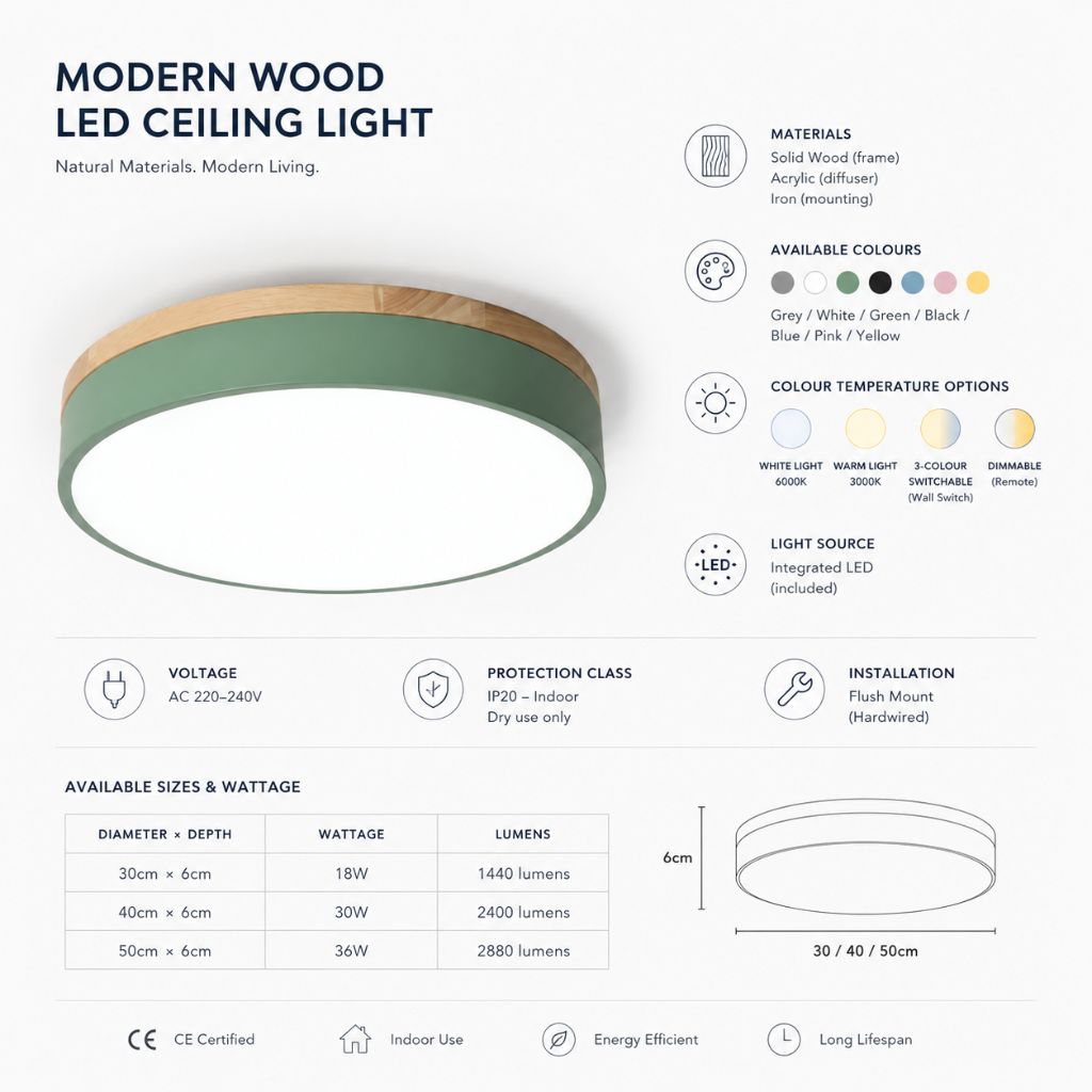 Round Wood Flush Mount Ceiling Light with LED - Tegulane Global
