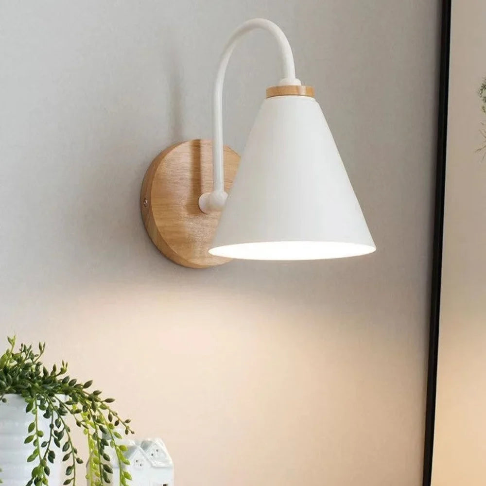 Scandinavian Cone Shade Curved Arm Wooden Wall Sconce - Tegulane Global