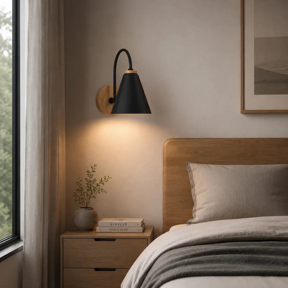 Scandinavian Cone Shade Curved Arm Wooden Wall Sconce - Tegulane Global