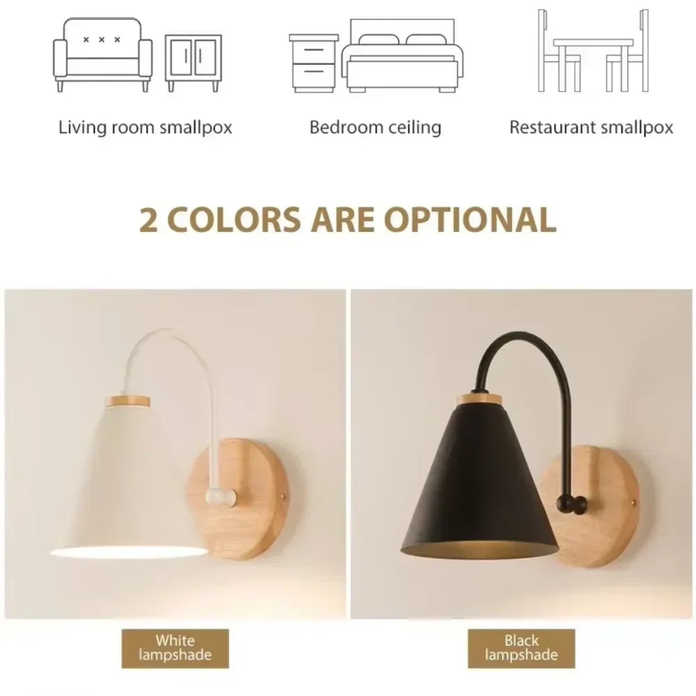 Scandinavian Cone Shade Curved Arm Wooden Wall Sconce - Tegulane Global