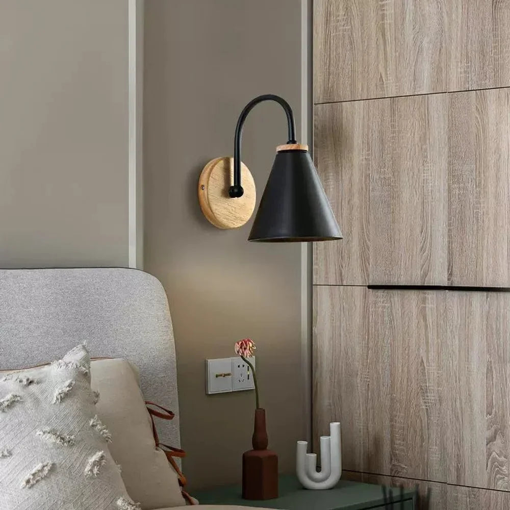 Scandinavian Cone Shade Curved Arm Wooden Wall Sconce - Tegulane Global