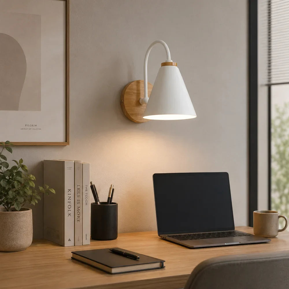 Scandinavian Cone Shade Curved Arm Wooden Wall Sconce - Tegulane Global